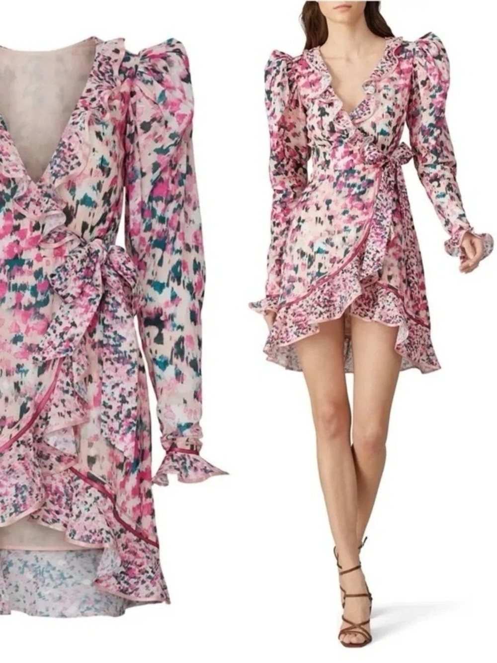 Rococo Sand Pink & Teal Floral Ruffle Wrap High-Low Dress